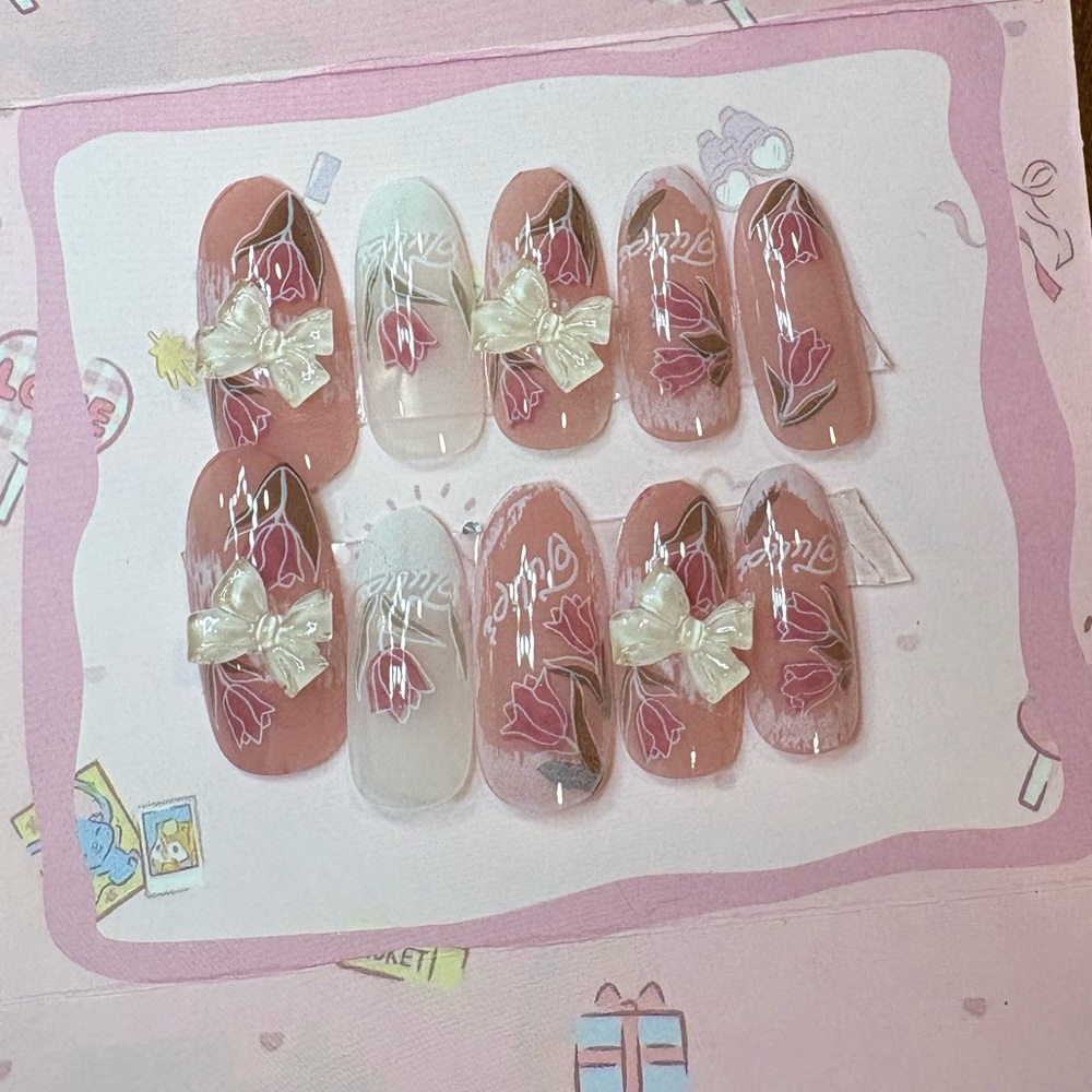 Floral Pink and White Bow Press-On Nails